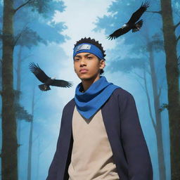 A light-skinned black man, dressed in Naruto manga art style with a Konoha bandana, standing in a forest enveloped by blue haze, with an eagle soaring in the backdrop.