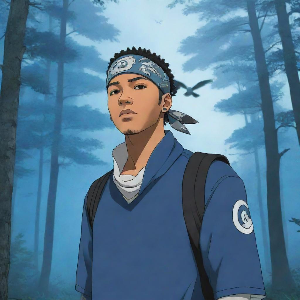 A light-skinned black man, dressed in Naruto manga art style with a Konoha bandana, standing in a forest enveloped by blue haze, with an eagle soaring in the backdrop.