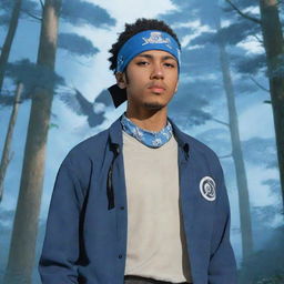 A light-skinned black man, dressed in Naruto manga art style with a Konoha bandana, standing in a forest enveloped by blue haze, with an eagle soaring in the backdrop.