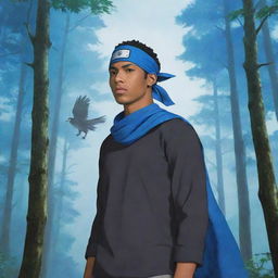 A light-skinned black man, dressed in Naruto manga art style with a Konoha bandana, standing in a forest enveloped by blue haze, with an eagle soaring in the backdrop.