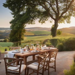 An alfresco dining setup at a picturesque country home with a view of sprawling rolling hills. The image showcases the charm of rural architecture and idyllic scenery.