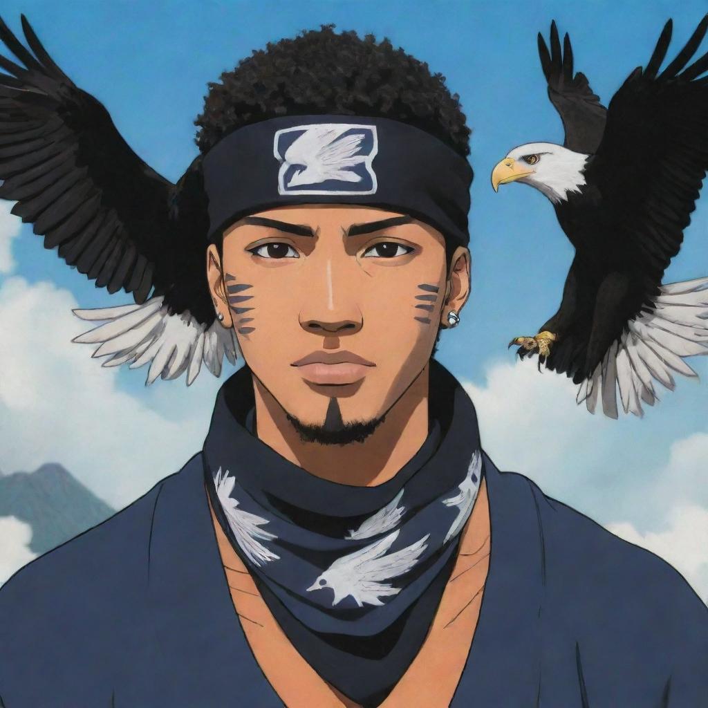 A slightly light-skinned black man, styled in Naruto manga art, wearing a Konoha bandana, with eagles flying in the backdrop.