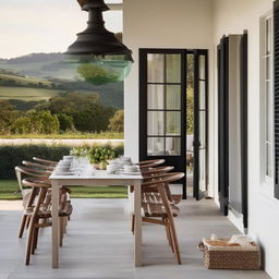 A minimalist alfresco dining setup at a charming country home with a backdrop of verdant rolling hills. The image captures the simplicity of the decor and the captivating beauty of the home's architecture.