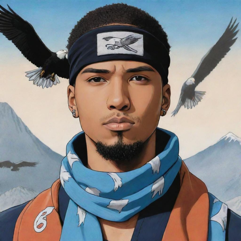 A slightly light-skinned black man, styled in Naruto manga art, wearing a Konoha bandana, with eagles flying in the backdrop.