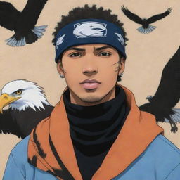 A slightly light-skinned black man, styled in Naruto manga art, wearing a Konoha bandana, with eagles flying in the backdrop.