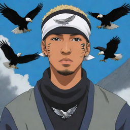 A slightly light-skinned black man, styled in Naruto manga art, wearing a Konoha bandana, with eagles flying in the backdrop.