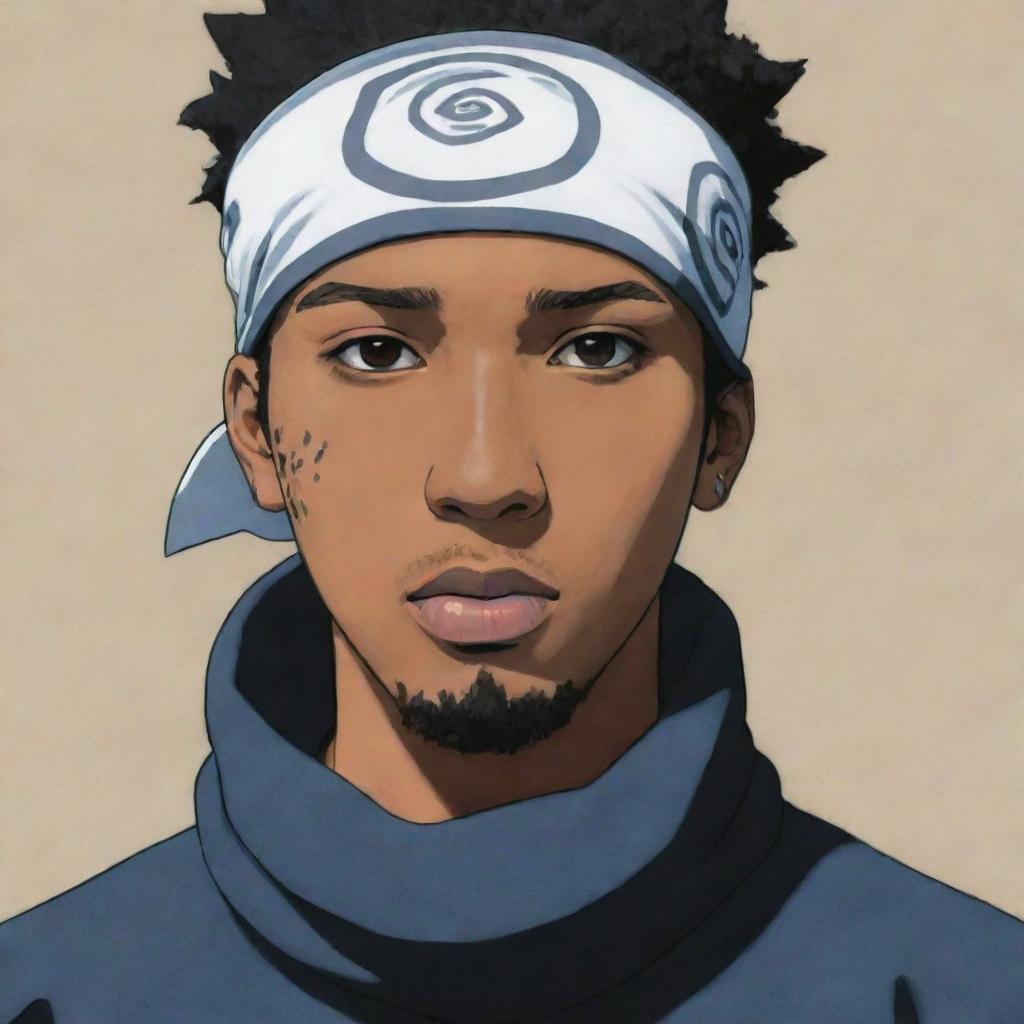 A black man with slightly light skin, depicted in Naruto manga art style wearing a Konoha bandana.