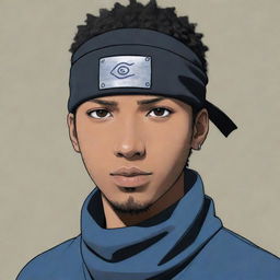 A black man with slightly light skin, depicted in Naruto manga art style wearing a Konoha bandana.