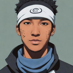 A black man with slightly light skin, depicted in Naruto manga art style wearing a Konoha bandana.