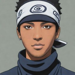 A black man with slightly light skin, depicted in Naruto manga art style wearing a Konoha bandana.