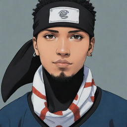 A slightly light-skinned black man in Naruto manga panel art style, adorned with a Konoha bandana.