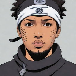 A slightly light-skinned black man in Naruto manga panel art style, adorned with a Konoha bandana.