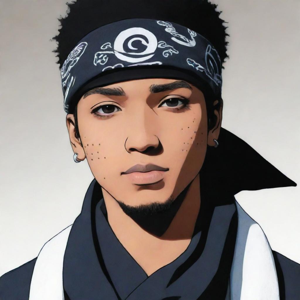 A slightly light-skinned black man in Naruto manga panel art style, adorned with a Konoha bandana.