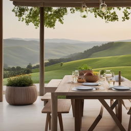 A minimalist alfresco dining setup at a charming country home with a backdrop of verdant rolling hills. The image captures the simplicity of the decor and the captivating beauty of the home's architecture.