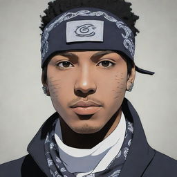 A slightly light-skinned black man in Naruto manga panel art style, adorned with a Konoha bandana.