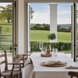 A minimalist alfresco dining setup at a charming country home with a backdrop of verdant rolling hills. The image captures the simplicity of the decor and the captivating beauty of the home's architecture.