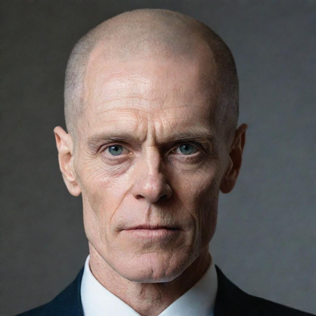 A portrait of Willem Dafoe depicted with a fully shaved head.