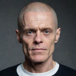 A portrait of Willem Dafoe depicted with a fully shaved head.