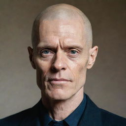 A portrait of Willem Dafoe depicted with a fully shaved head.