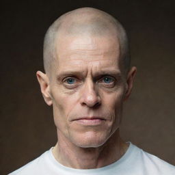 A portrait of Willem Dafoe depicted with a fully shaved head.