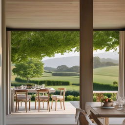 A minimalist alfresco dining setup at a charming country home with a backdrop of verdant rolling hills. The image captures the simplicity of the decor and the captivating beauty of the home's architecture.