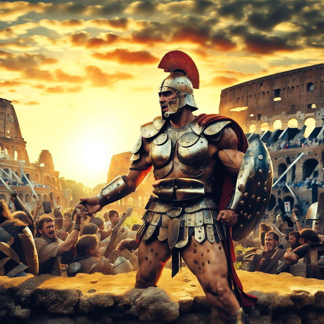 A powerful Roman gladiator, victory hard-earned, basks in the adulation of the crowd as his shackles are broken, symbolizing his newly won freedom. The grand Colosseum is the backdrop with vibrant sunset light illuminating the scene.