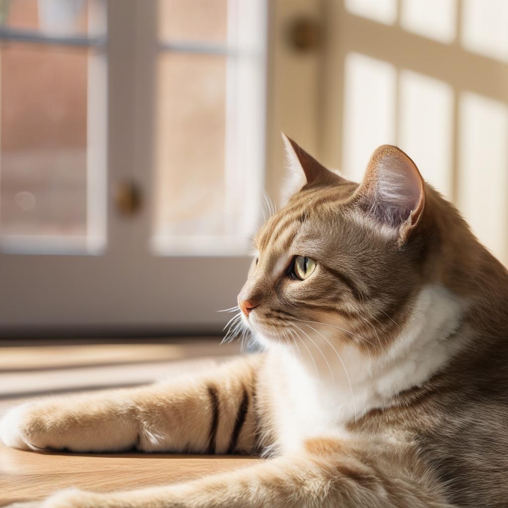 Generate a detailed image of a beautiful cat either sitting or playing in a well-lit room.