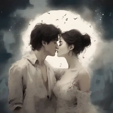 Under the benighted sky, the lovers shared a passionate kiss.