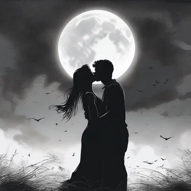 Under the benighted sky, the lovers shared a passionate kiss.