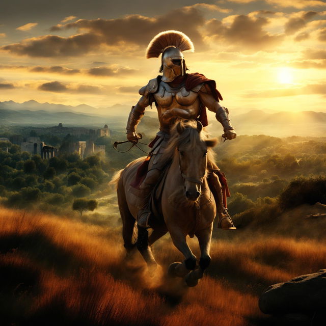 A freed Roman gladiator on horseback, confidently riding towards their homeland as the sun rises, casting a beautiful enchanting light over the scenic landscape.