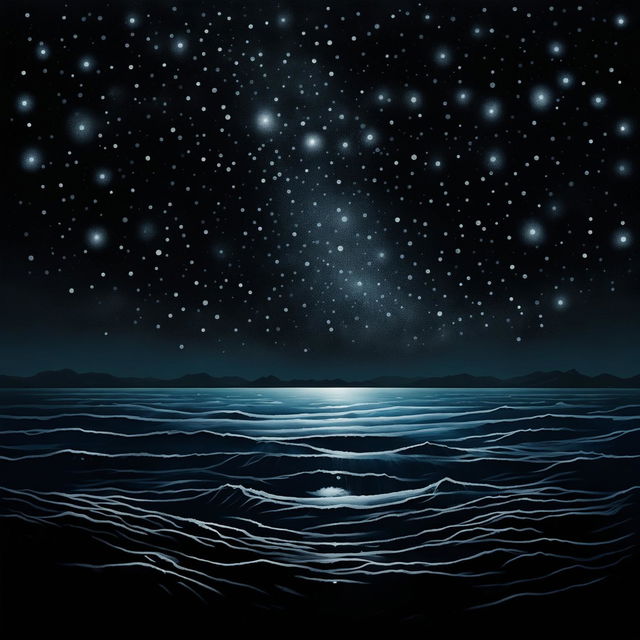 A nighttime sea that's a profound black, imbued with an air of mystery. The inky waters shimmer under the glistening stars, creating an eternity of darkness and intrigue.