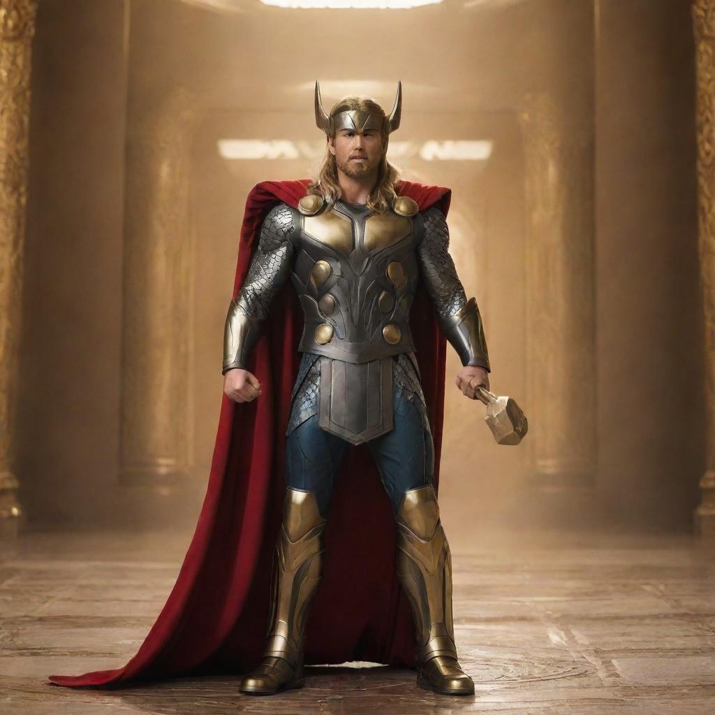 Thor in full golden armor, standing in a golden palace filled with thunder. He is holding a large Mjolnir, also gold in colour.