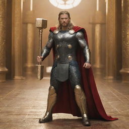 Thor in full golden armor, standing in a golden palace filled with thunder. He is holding a large Mjolnir, also gold in colour.