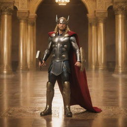 Thor in full golden armor, standing in a golden palace filled with thunder. He is holding a large Mjolnir, also gold in colour.