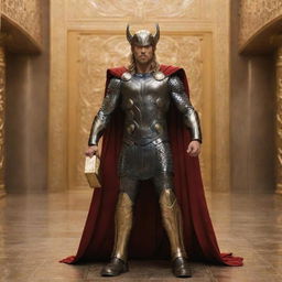 Thor in full golden armor, standing in a golden palace filled with thunder. He is holding a large Mjolnir, also gold in colour.