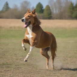 A joyful dog sitting confidently on the back of a galloping horse in a sunny, open field.