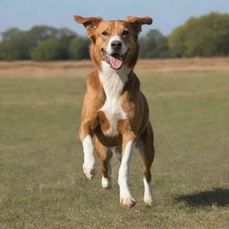 A joyful dog sitting confidently on the back of a galloping horse in a sunny, open field.