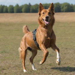 A joyful dog sitting confidently on the back of a galloping horse in a sunny, open field.