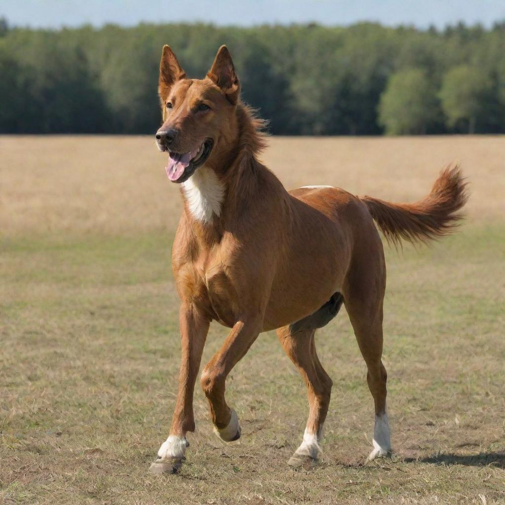 A joyful dog sitting confidently on the back of a galloping horse in a sunny, open field.