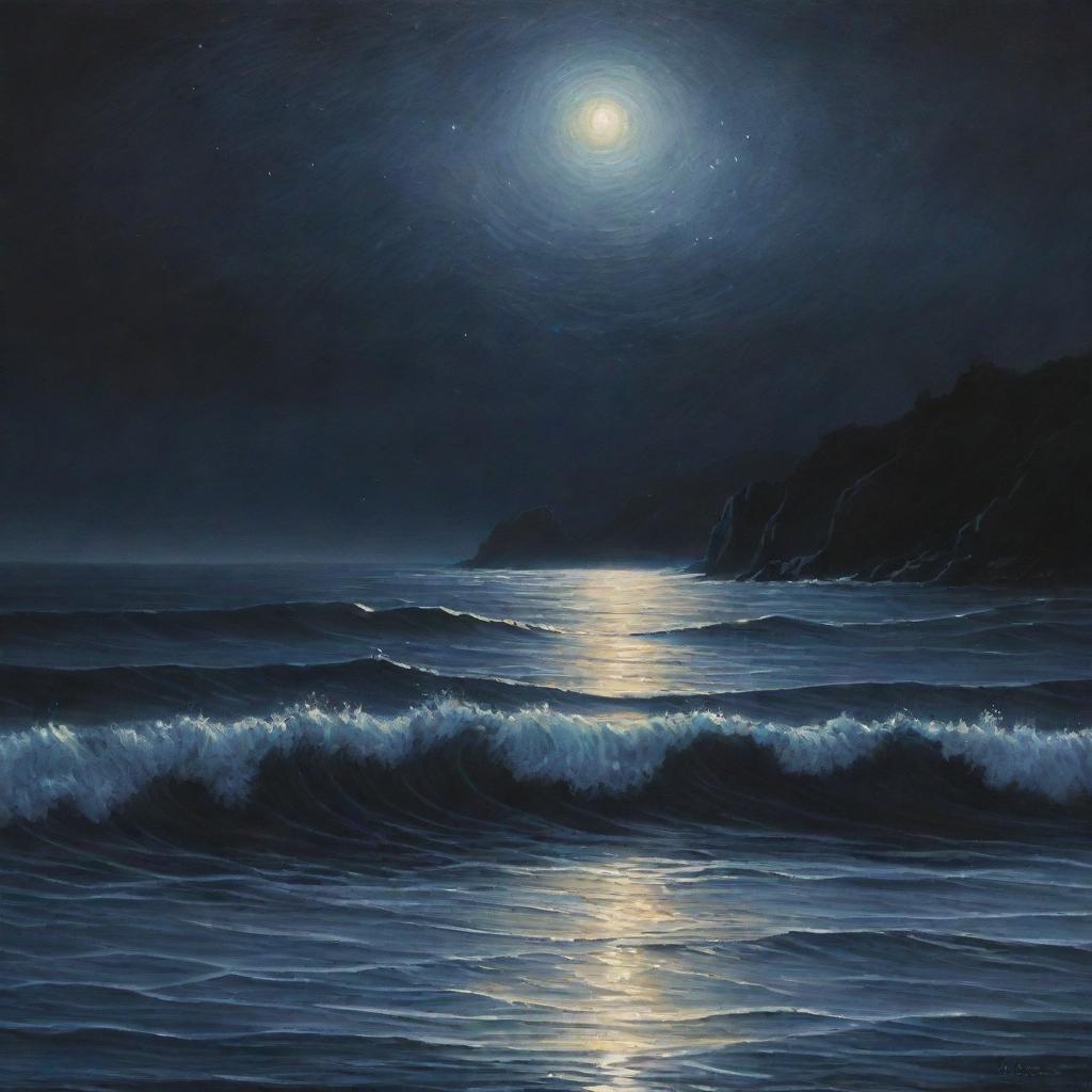 Enhance the nighttime sea scene with detailed realism. Capture the minute reflections of starlight on the rippling water, the texture of waves, and the depth of the dark sea.