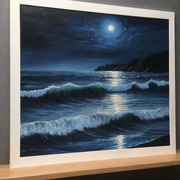 Enhance the nighttime sea scene with detailed realism. Capture the minute reflections of starlight on the rippling water, the texture of waves, and the depth of the dark sea.