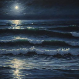 Enhance the nighttime sea scene with detailed realism. Capture the minute reflections of starlight on the rippling water, the texture of waves, and the depth of the dark sea.