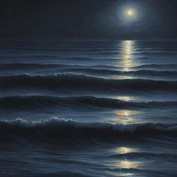 Enhance the nighttime sea scene with detailed realism. Capture the minute reflections of starlight on the rippling water, the texture of waves, and the depth of the dark sea.