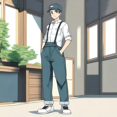In the anime series, the main character is often seen wearing stylish overall pants as part of their signature outfit.