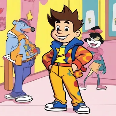 In the cartoon, the character's overall pants were depicted with vibrant colors and fun patterns.