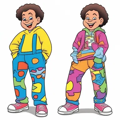 In the cartoon, the character's overall pants were depicted with vibrant colors and fun patterns.