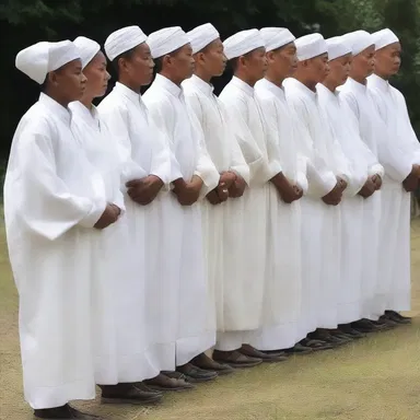 During the religious ceremony, the priests and priestesses wore white overalls as a symbol of purity and dedication.