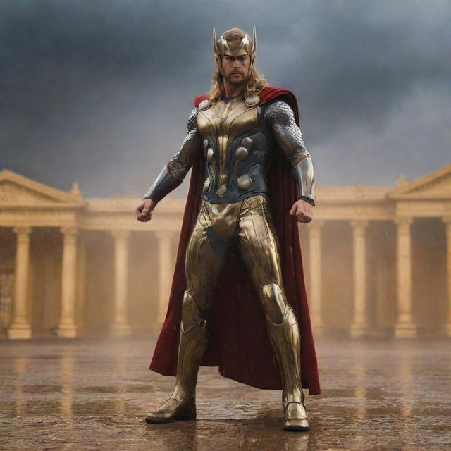 Thor wearing a shiny gold full body suit, standing against the backdrop of a golden palace during a thunderstorm. In his hands is a large, golden Mjolnir.