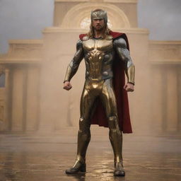 Thor wearing a shiny gold full body suit, standing against the backdrop of a golden palace during a thunderstorm. In his hands is a large, golden Mjolnir.