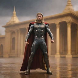 Thor wearing a shiny gold full body suit, standing against the backdrop of a golden palace during a thunderstorm. In his hands is a large, golden Mjolnir.